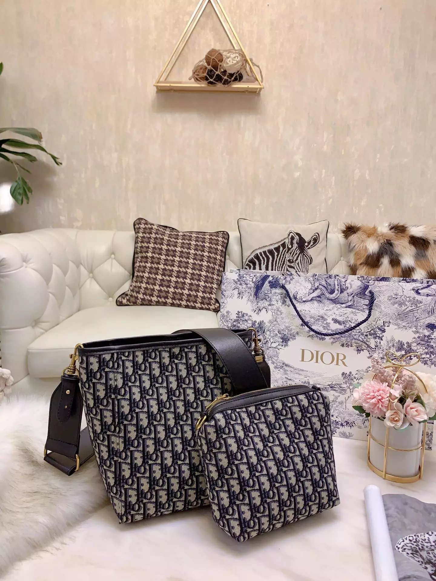 Dior Book Tote Mini Oblique Print Black and Beige Bucket Bag Handbags - 13