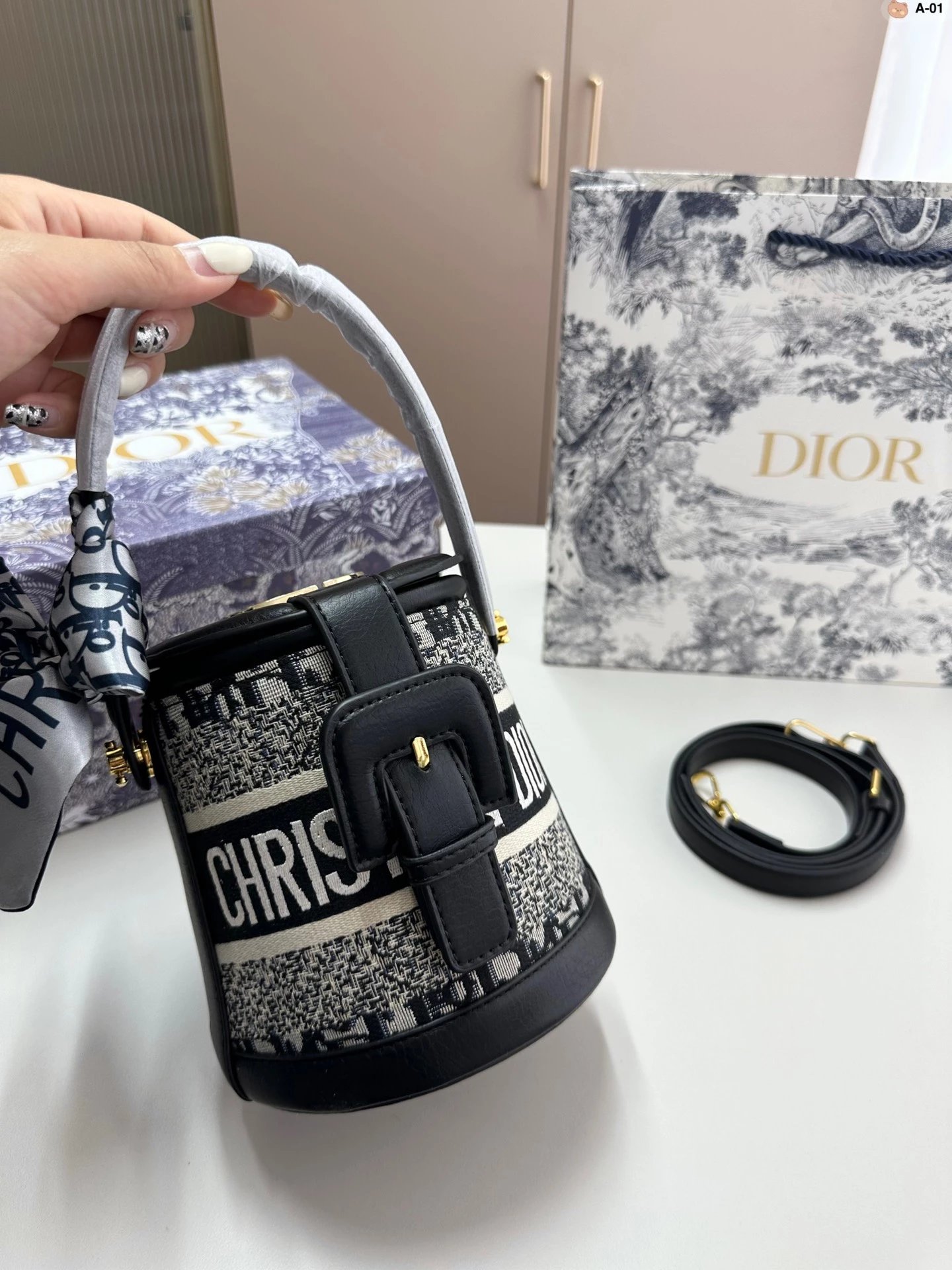 Dior Book Tote Bucket Bag Beige Black Oblique Print Handbag - 7