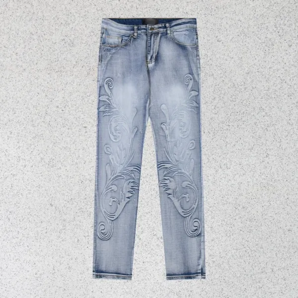 Design Embroidered Floral Motif Light Wash Jeans - 1