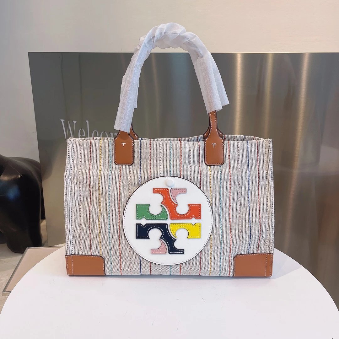 Tory Burch Miller Tote Peach Chain Print Navy Stripe Handbag Tote Bag - 6