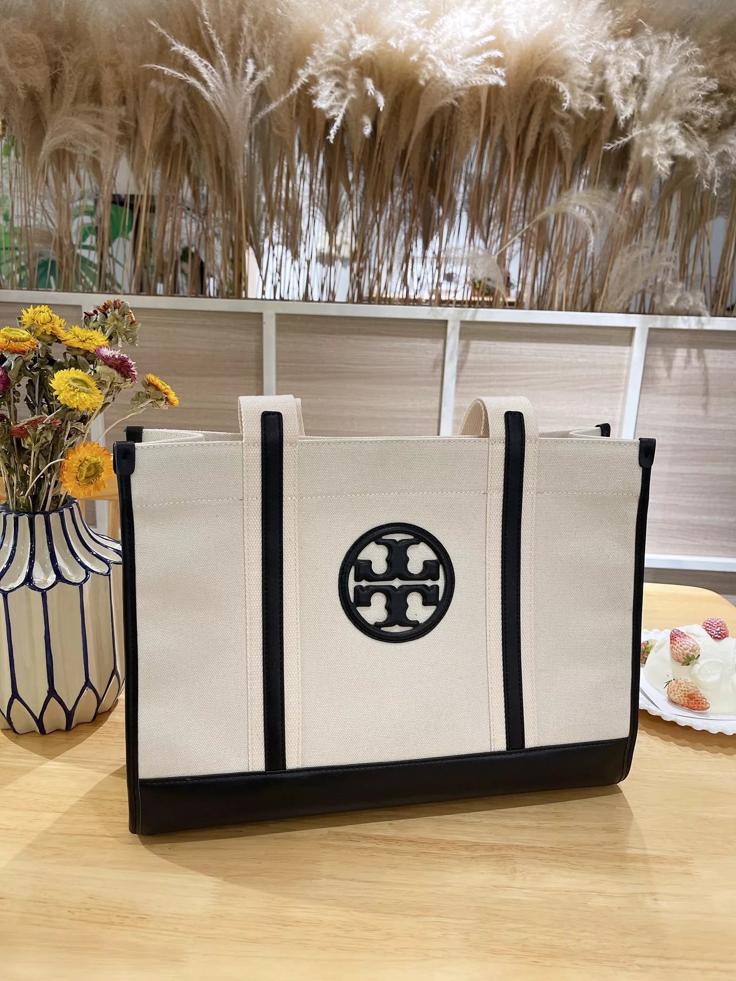 Tory Burch T Monogram Mini Tote Navy Beige Canvas Handbag Tote Bag - 9
