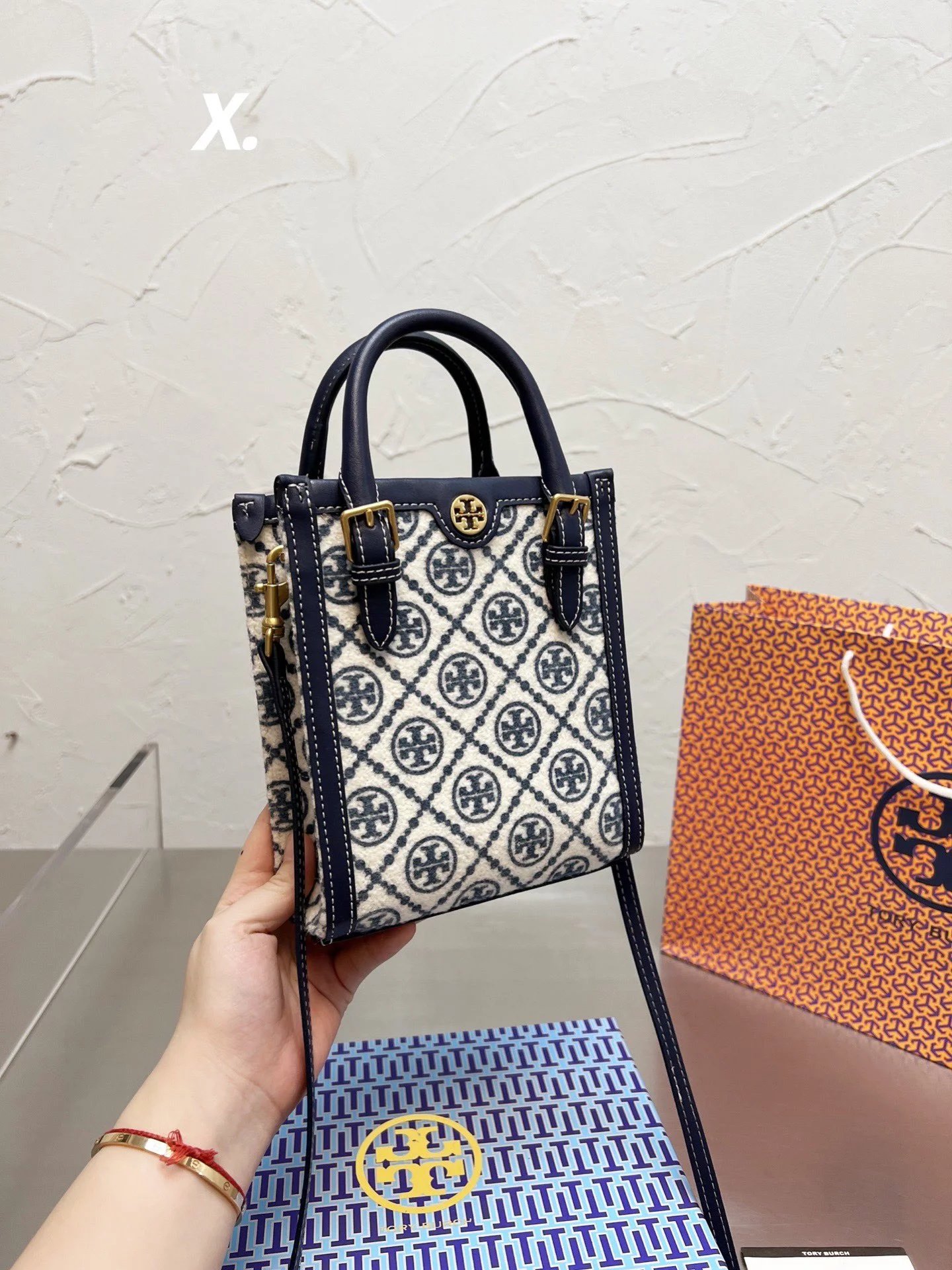 Tory Burch Miller Tote Peach Chain Print Navy Stripe Handbag Tote Bag - 12