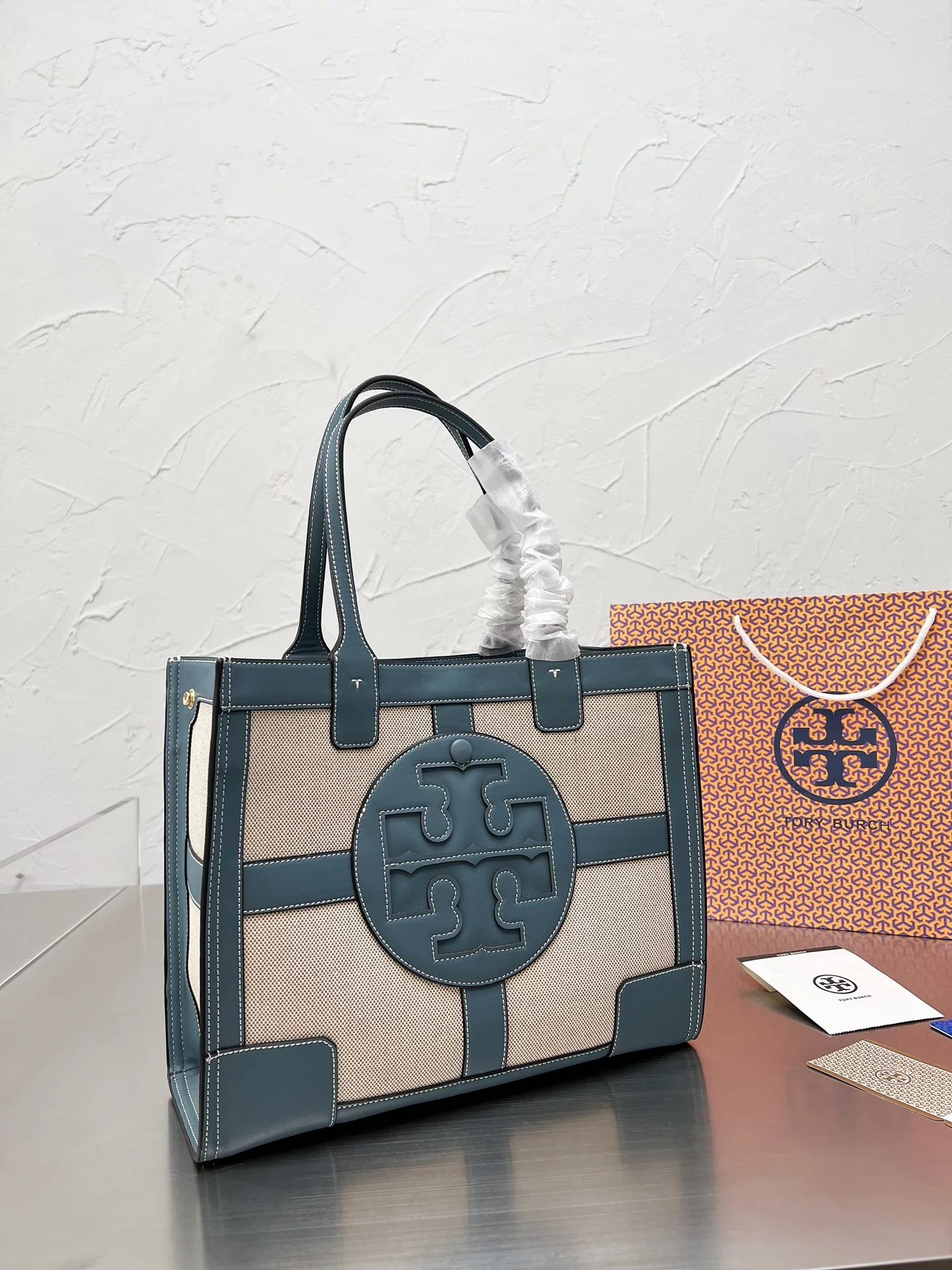 Tory Burch T Monogram Mini Tote Navy Beige Canvas Handbag Tote Bag - 6