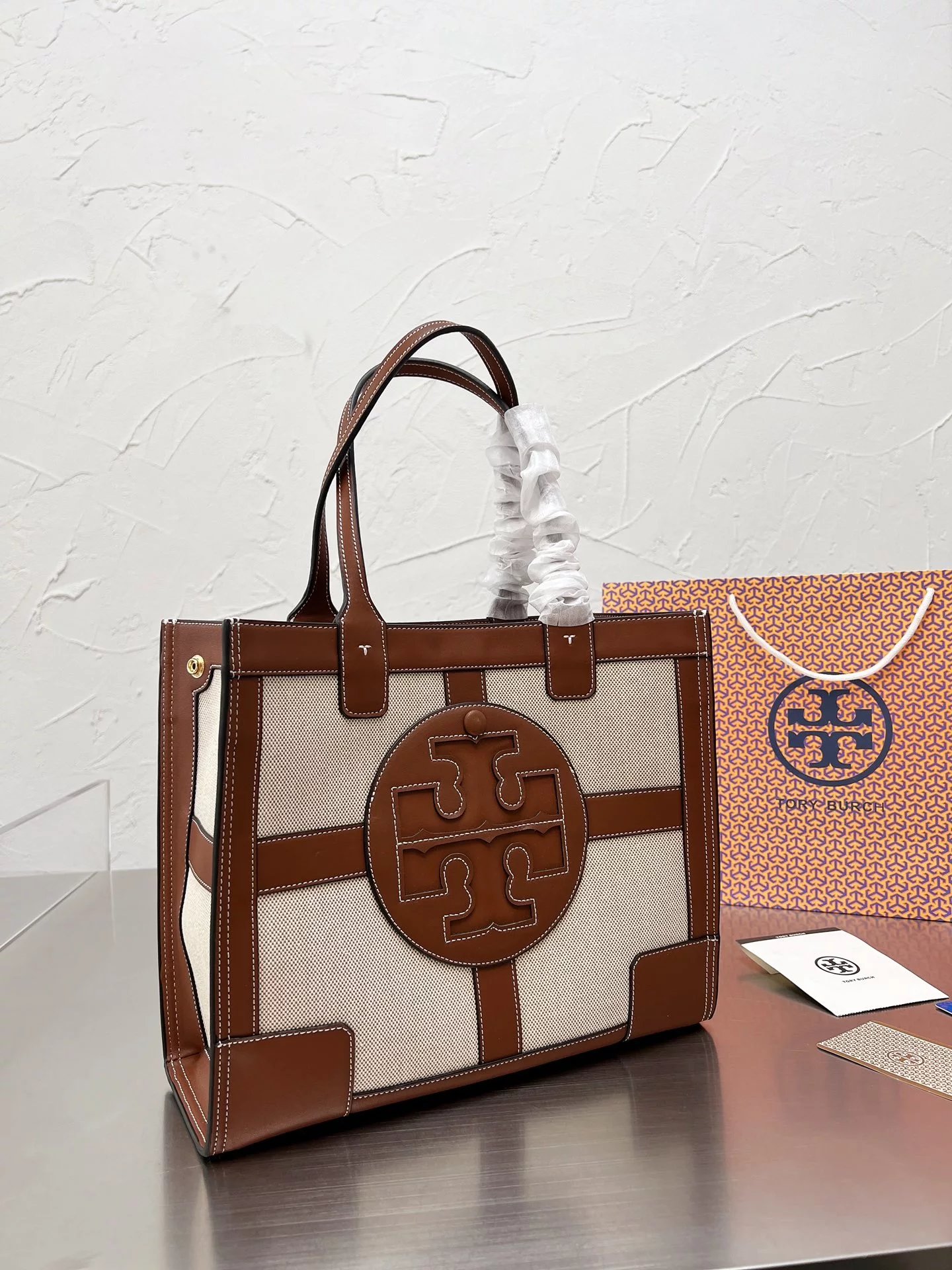 Tory Burch T Monogram Mini Tote Navy Beige Canvas Handbag Tote Bag - 5
