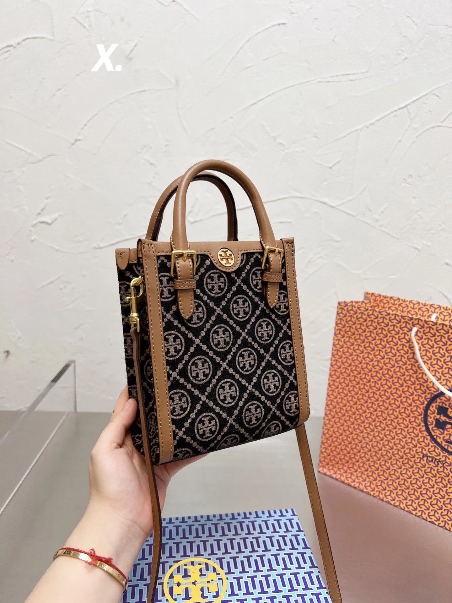 Tory Burch Miller Tote Peach Chain Print Navy Stripe Handbag Tote Bag - 11
