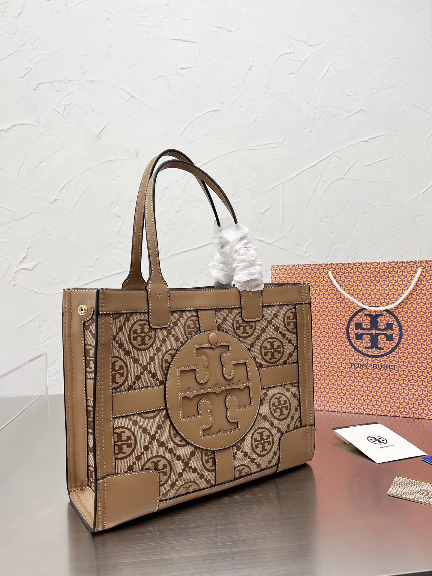 Tory Burch T Monogram Mini Tote Navy Beige Canvas Handbag Tote Bag - 3