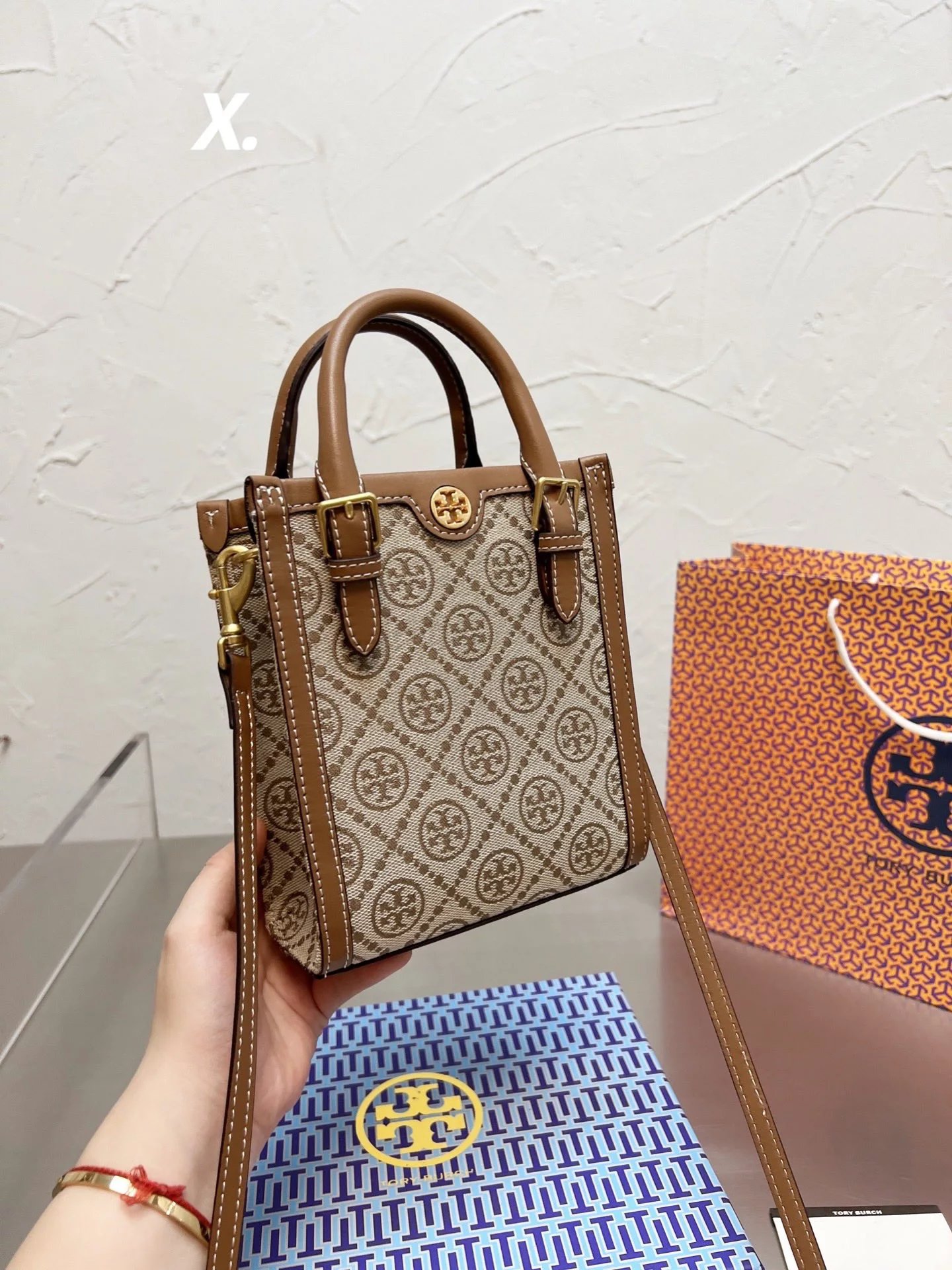 Tory Burch Miller Tote Peach Chain Print Navy Stripe Handbag Tote Bag - 8