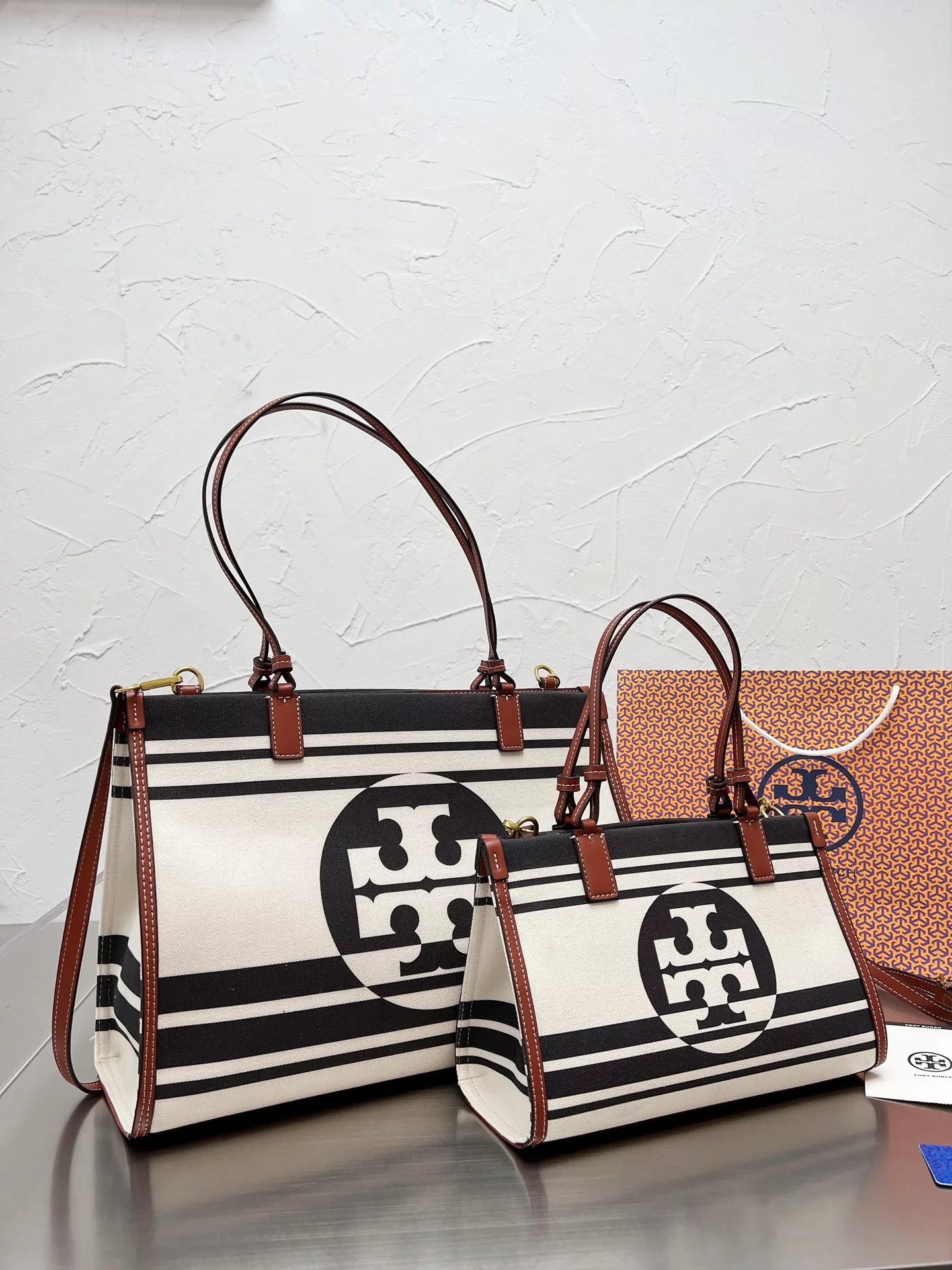 Tory Burch Miller Tote Peach Chain Print Navy Stripe Handbag Tote Bag - 14