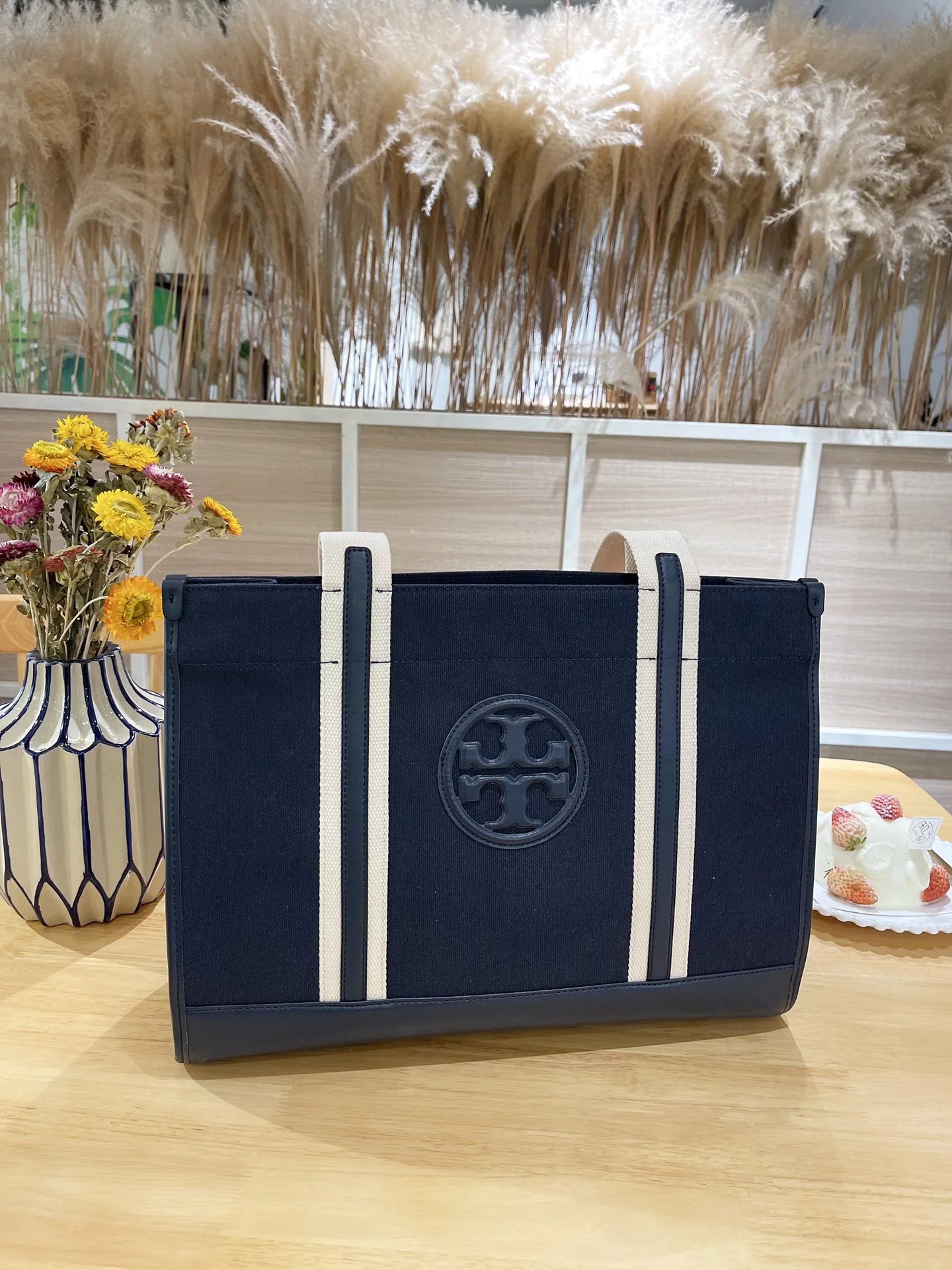 Tory Burch T Monogram Mini Tote Navy Beige Canvas Handbag Tote Bag - 10