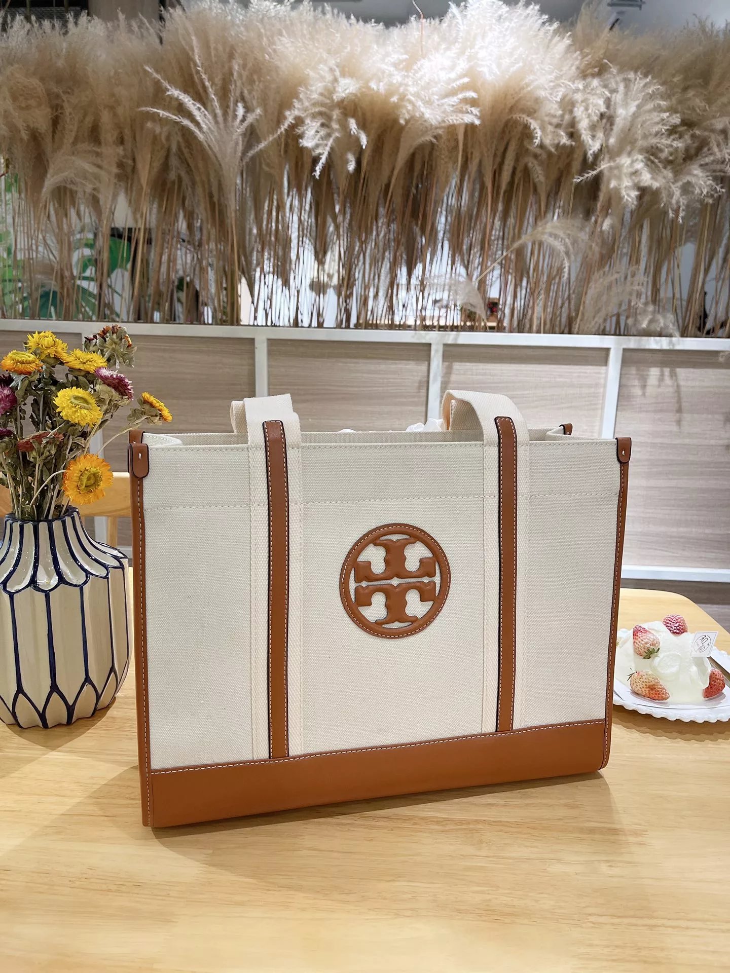 Tory Burch T Monogram Mini Tote Navy Beige Canvas Handbag Tote Bag - 8