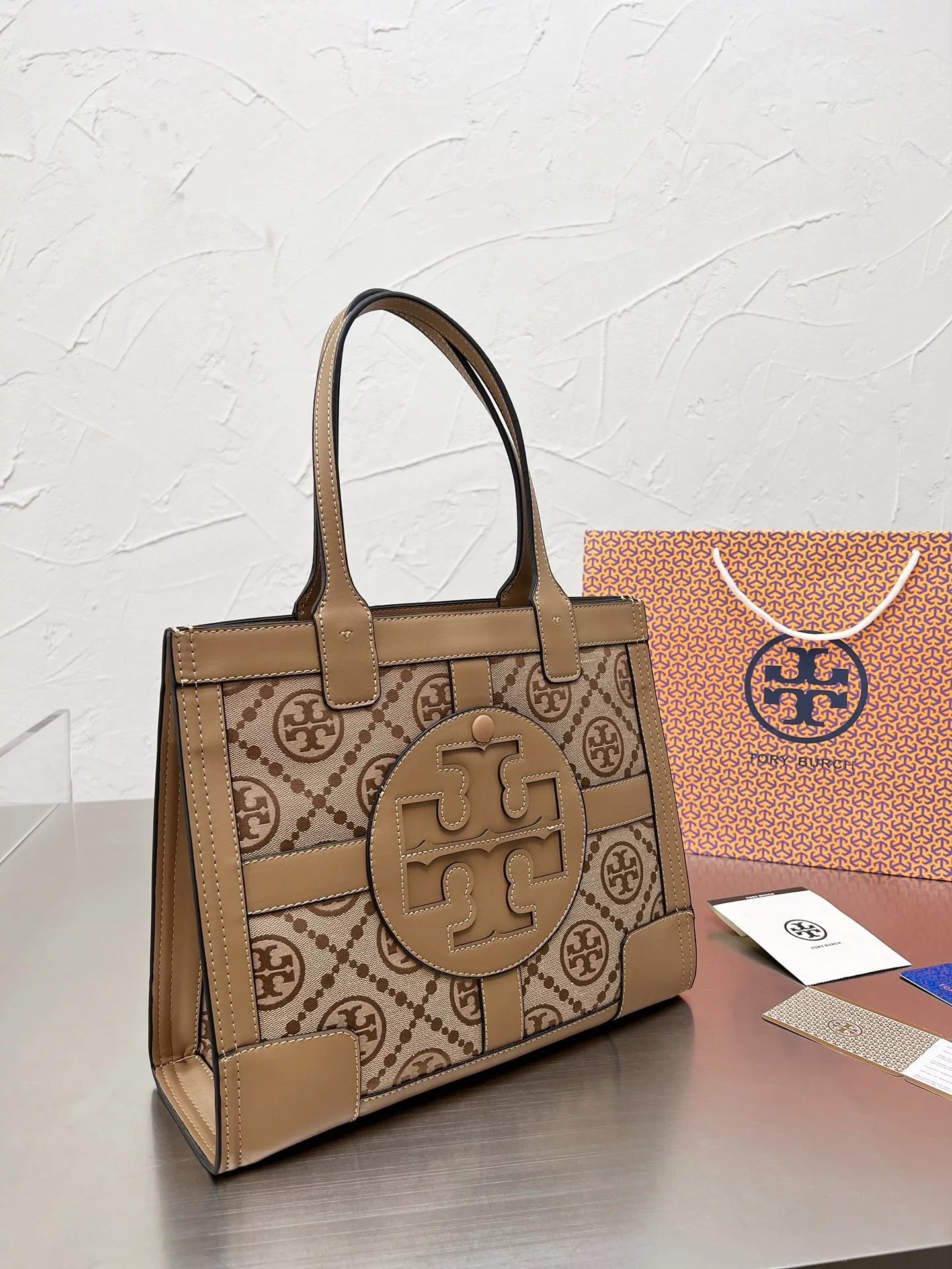 Tory Burch T Monogram Mini Tote Navy Beige Canvas Handbag Tote Bag - 2