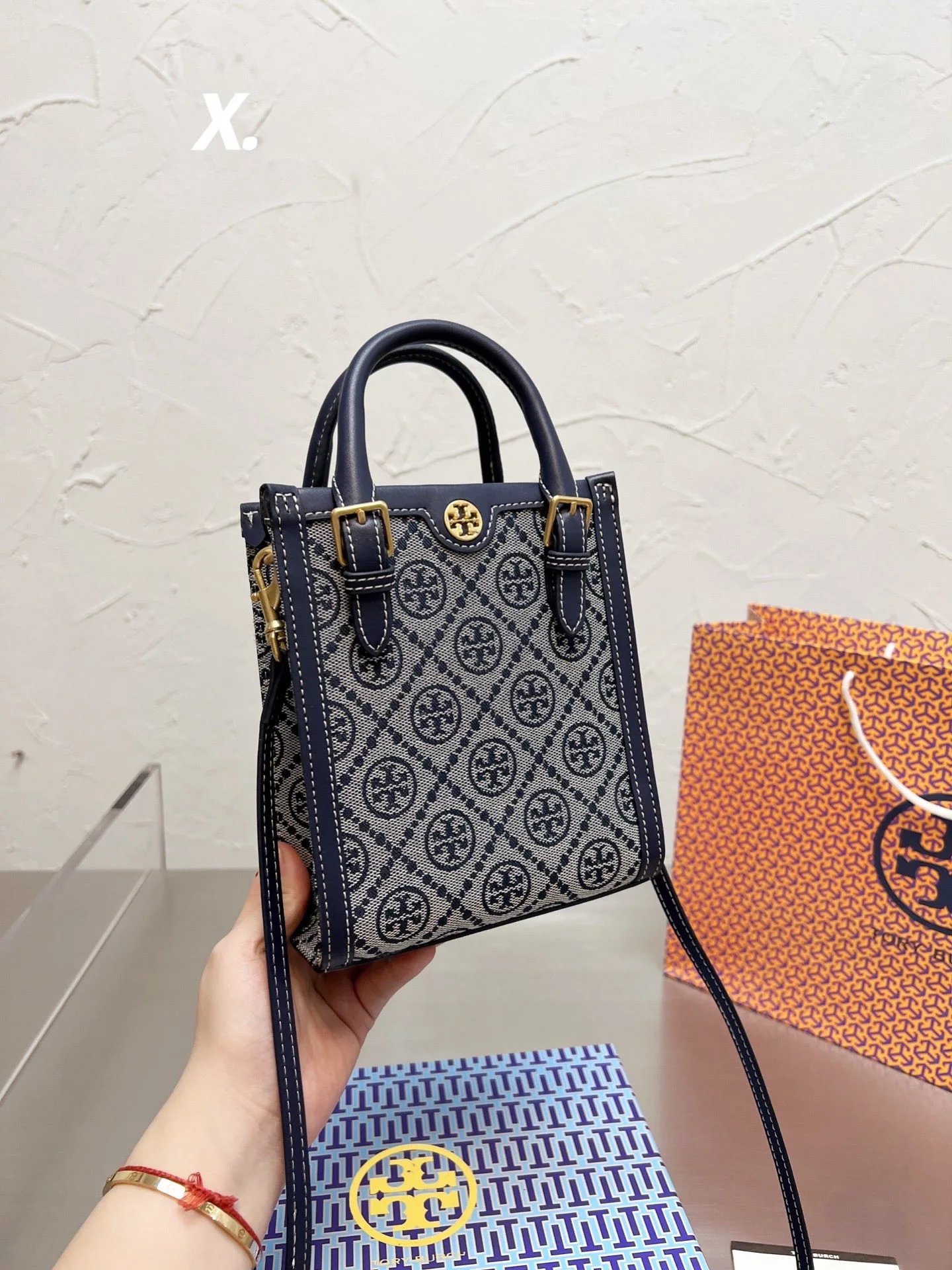 Tory Burch Miller Tote Peach Chain Print Navy Stripe Handbag Tote Bag - 9