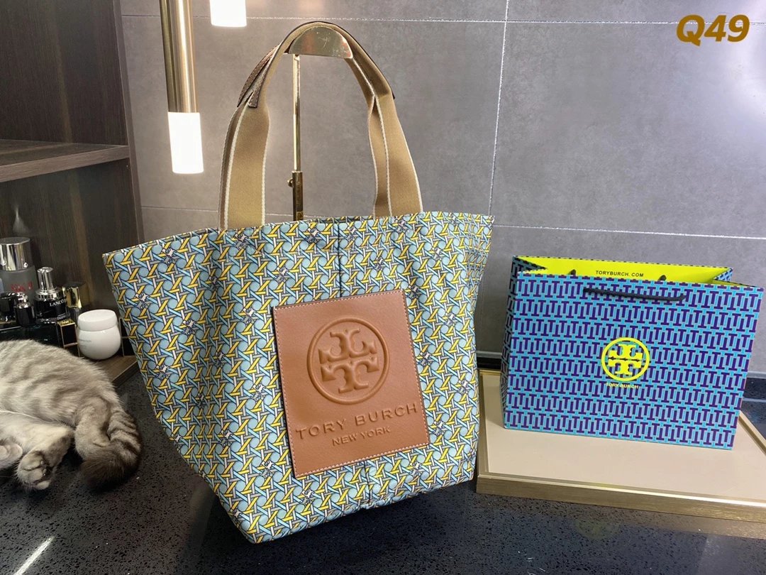 Tory Burch T Monogram Mini Tote Navy Beige Canvas Handbag Tote Bag - 13