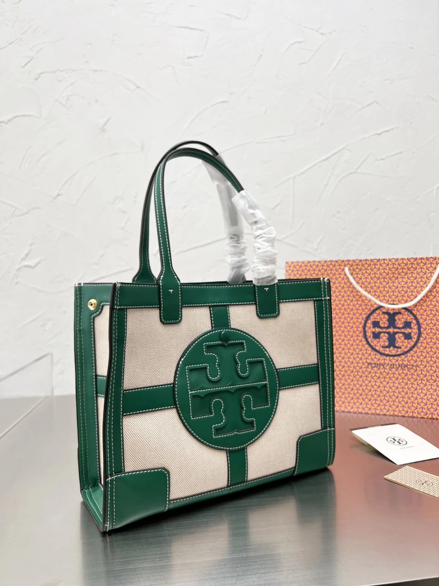 Tory Burch T Monogram Mini Tote Navy Beige Canvas Handbag Tote Bag - 4