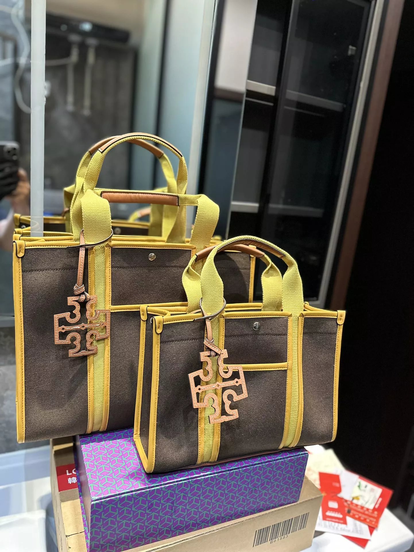 Tory Burch Miller Tote Bag Brown and Mustard Yellow Canvas Handbag - 9