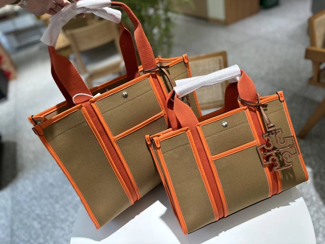 Tory Burch Miller Tote Bag Brown and Mustard Yellow Canvas Handbag - 6