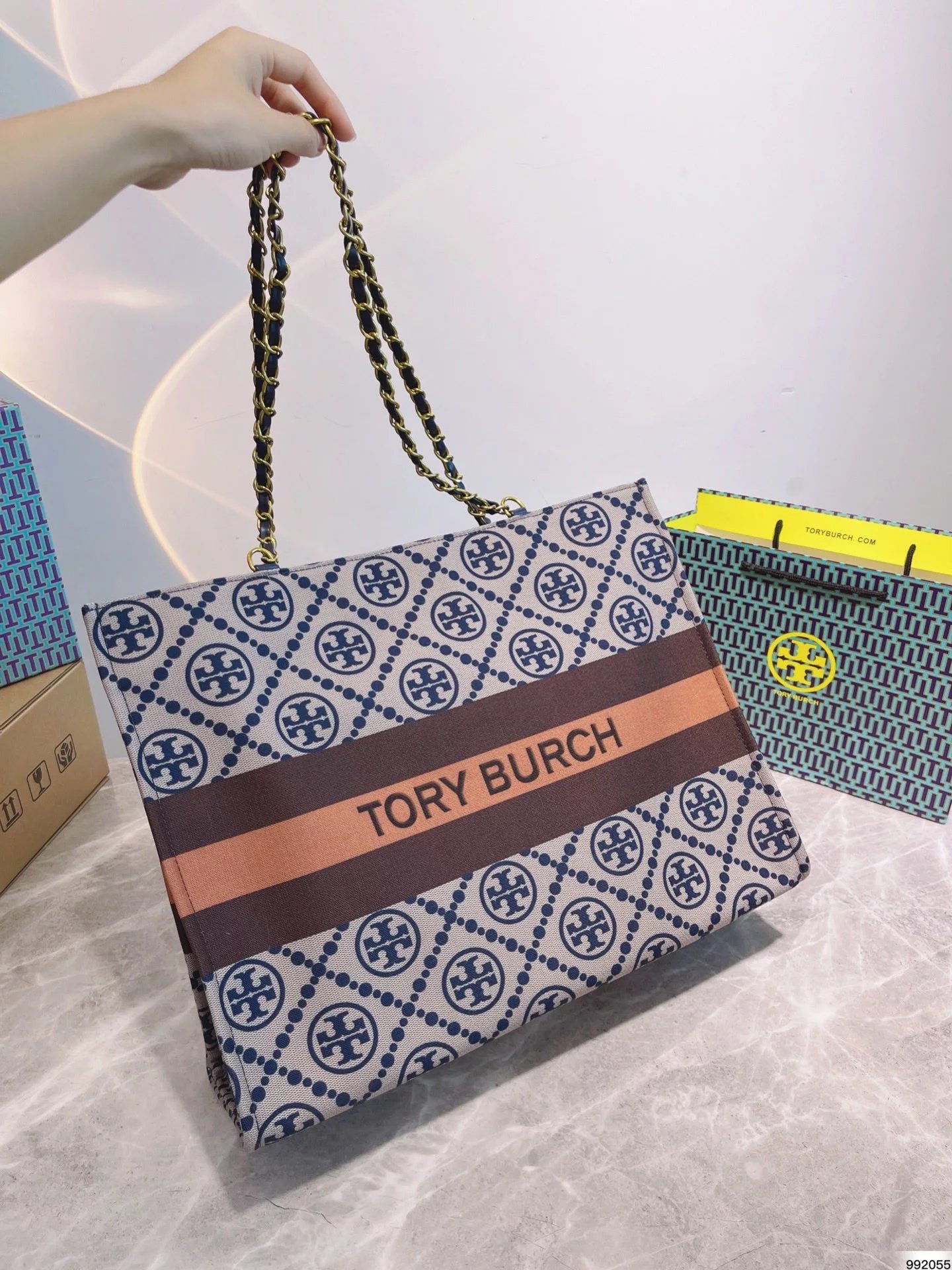Tory Burch Canvas Tote Bag White Navy - 10