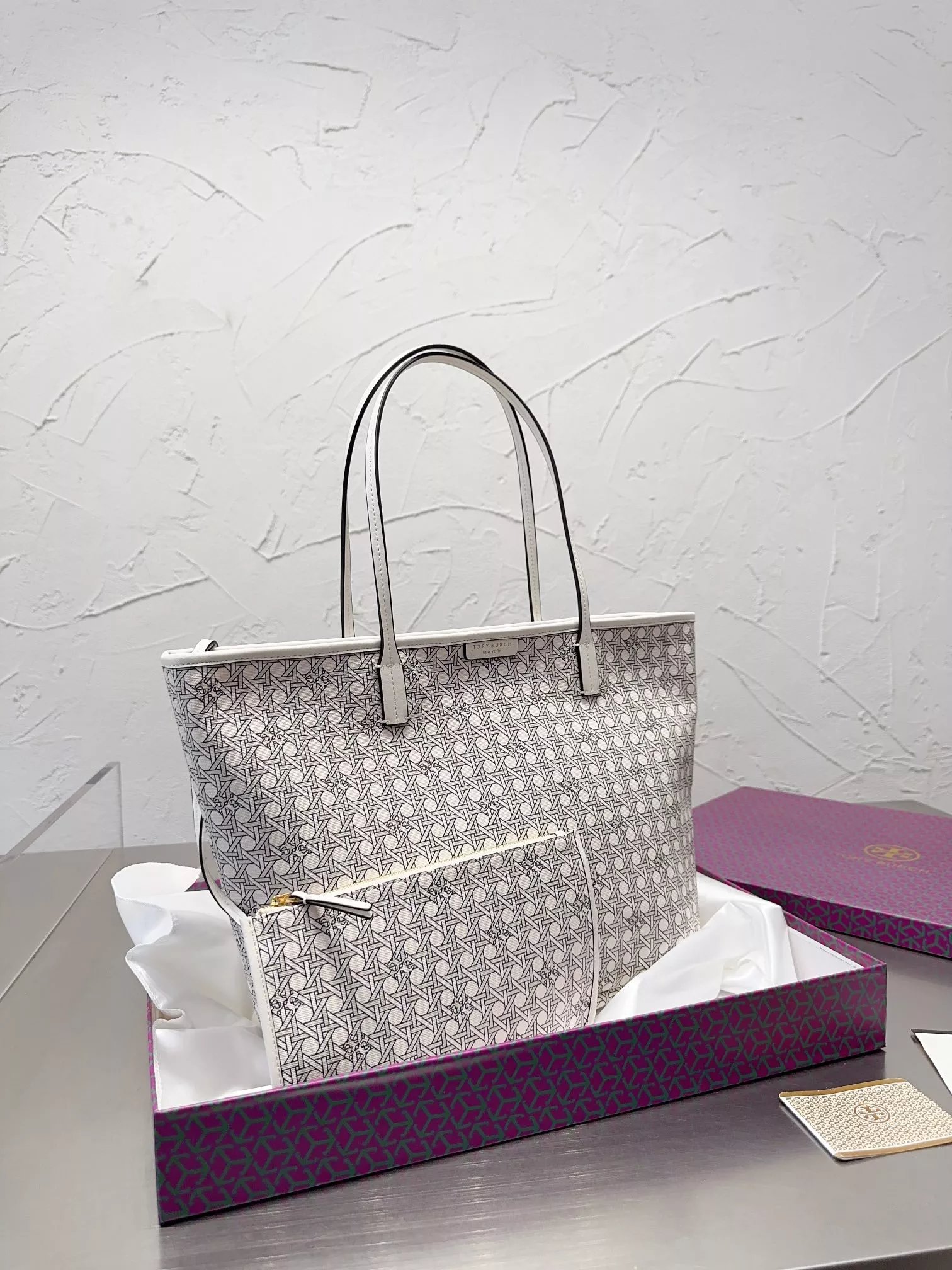 Tory Burch T Monogram Canvas Tote Bag Beige - 2
