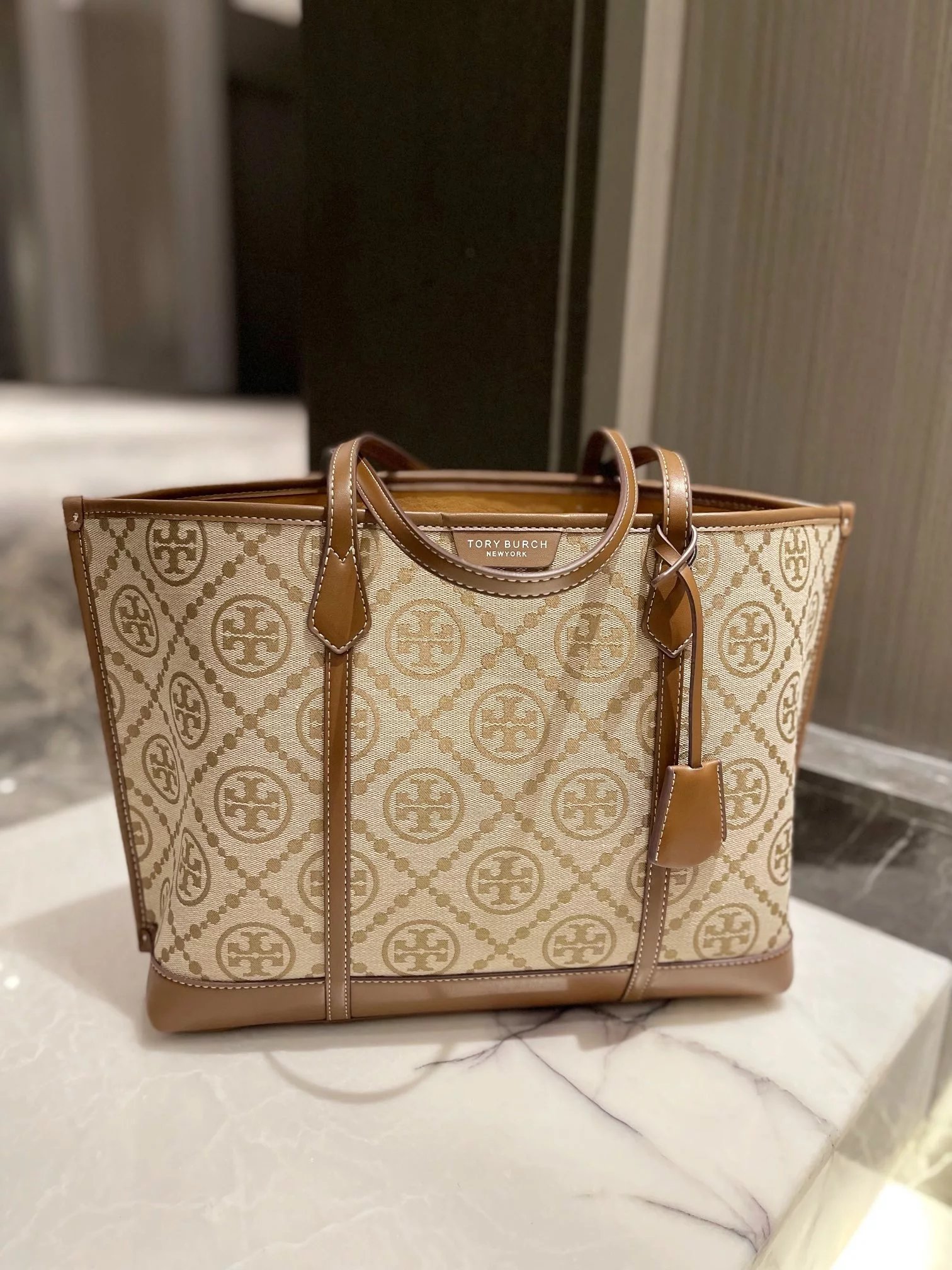 Tory Burch T Monogram Mini Tote Navy Beige Canvas Handbag Tote Bag - 11
