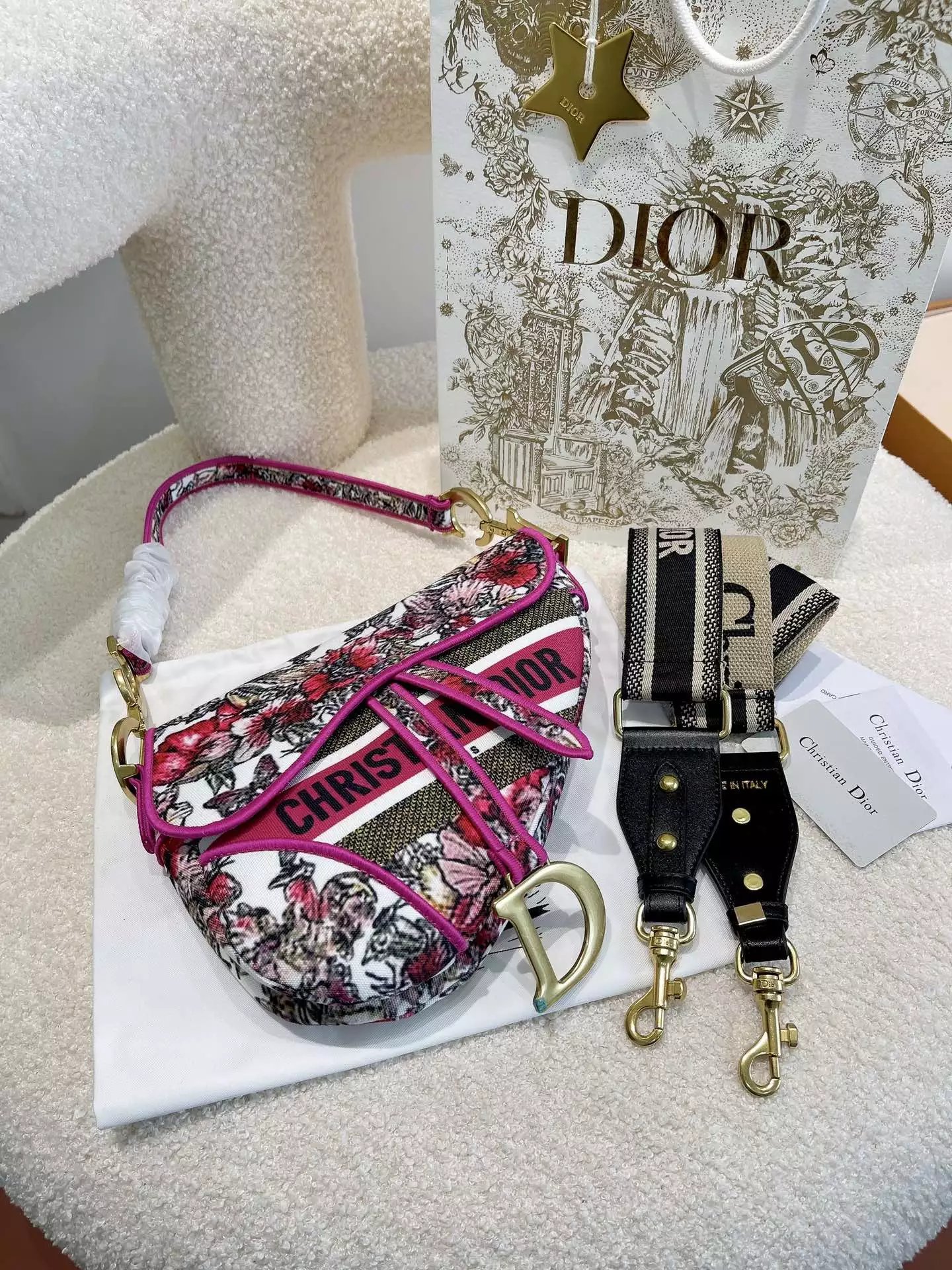 Dior Saddle Bag Pink Ostrich-Embossed Leather Crossbody Bag - 24