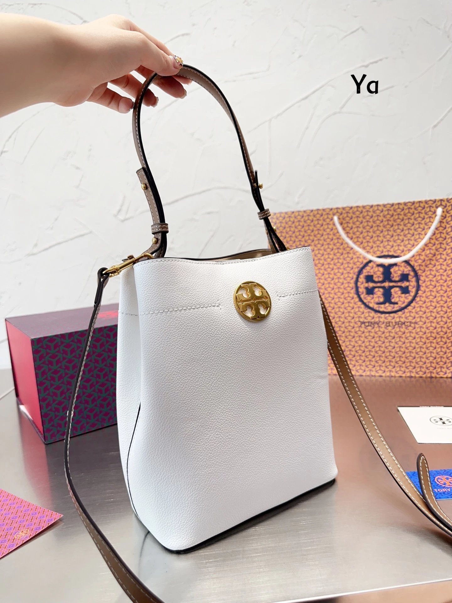 Tory Burch Miller Bucket Bag Beige Monogram Canvas with Brown Leather Trim Handbags - 6
