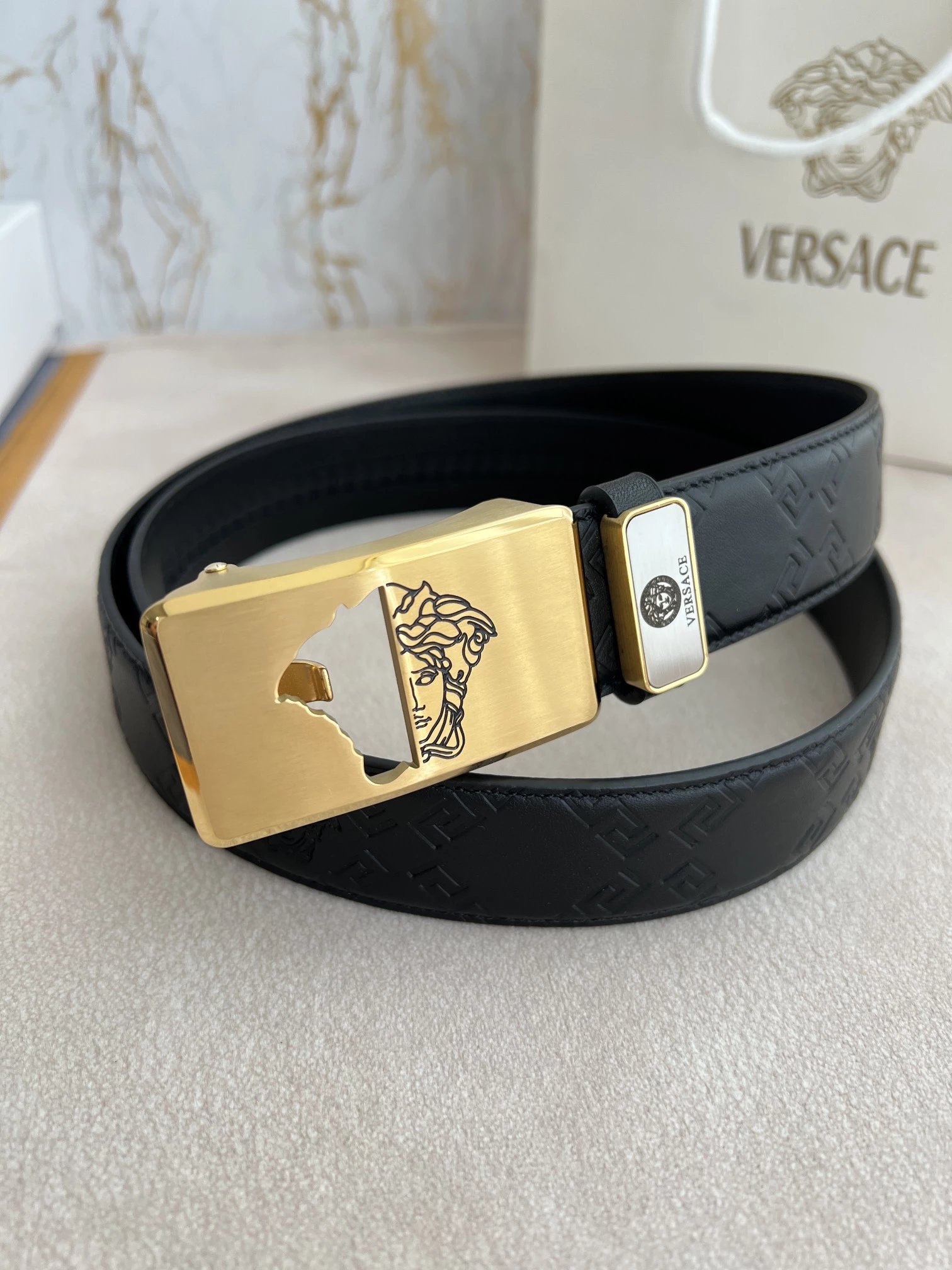 Versace Medusa Head Belt Red and Black Striped Leather Belt - 11