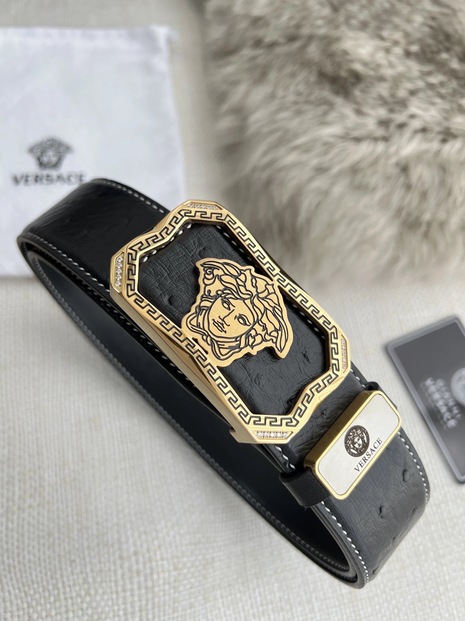 Versace Medusa Head Belt Red and Black Striped Leather Belt - 6