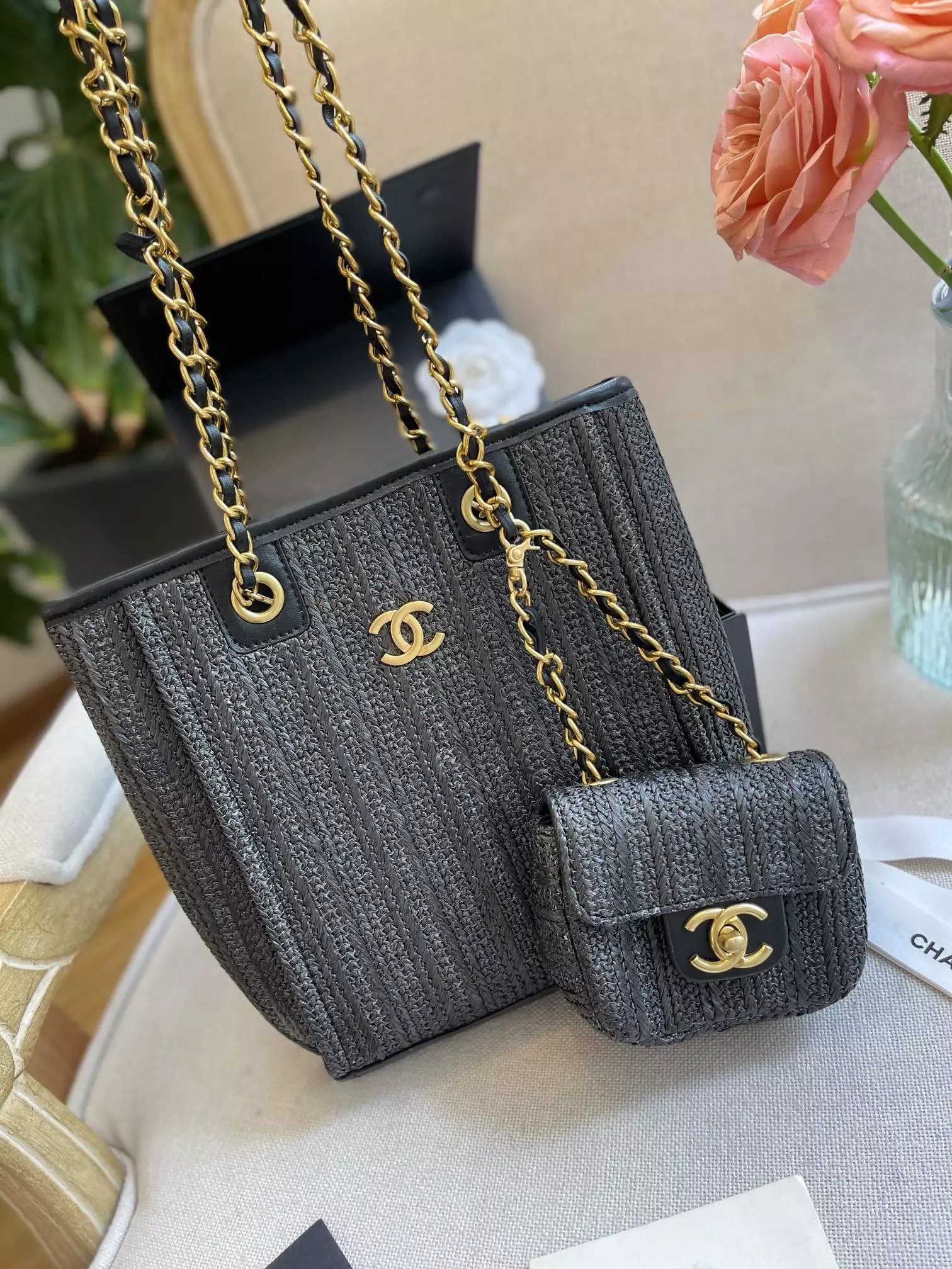 Chanel Deauville Tote Bag Gray Tweed Handbag - 13