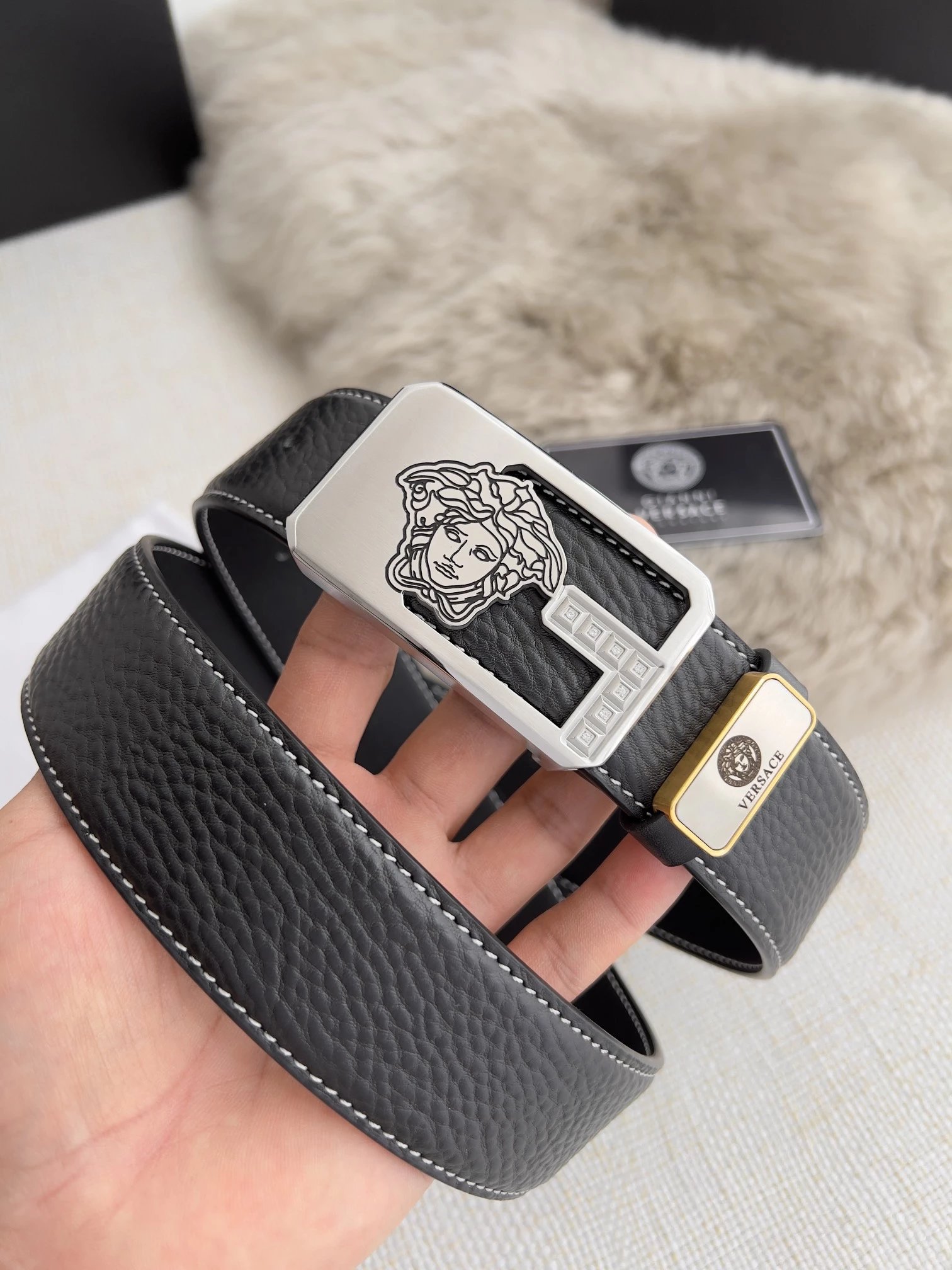 Versace Medusa Head Belt Red and Black Striped Leather Belt - 10