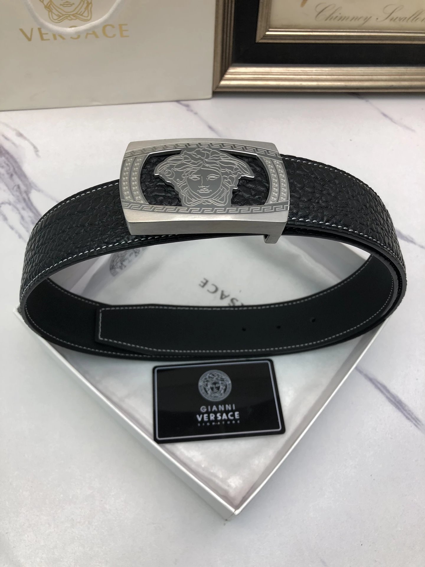 Versace Medusa Head Leather Belt Black and Silver - 14