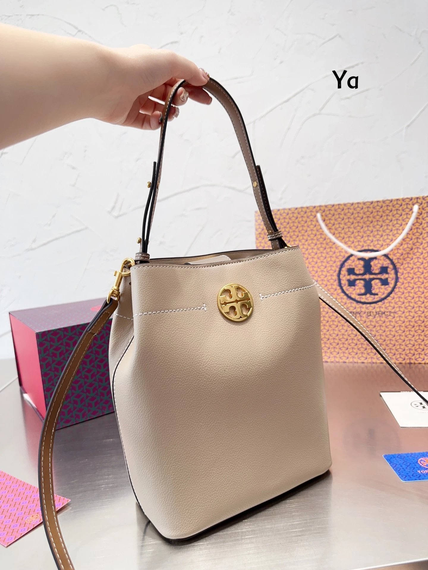 Tory Burch Miller Bucket Bag Beige Monogram Canvas with Brown Leather Trim Handbags - 7