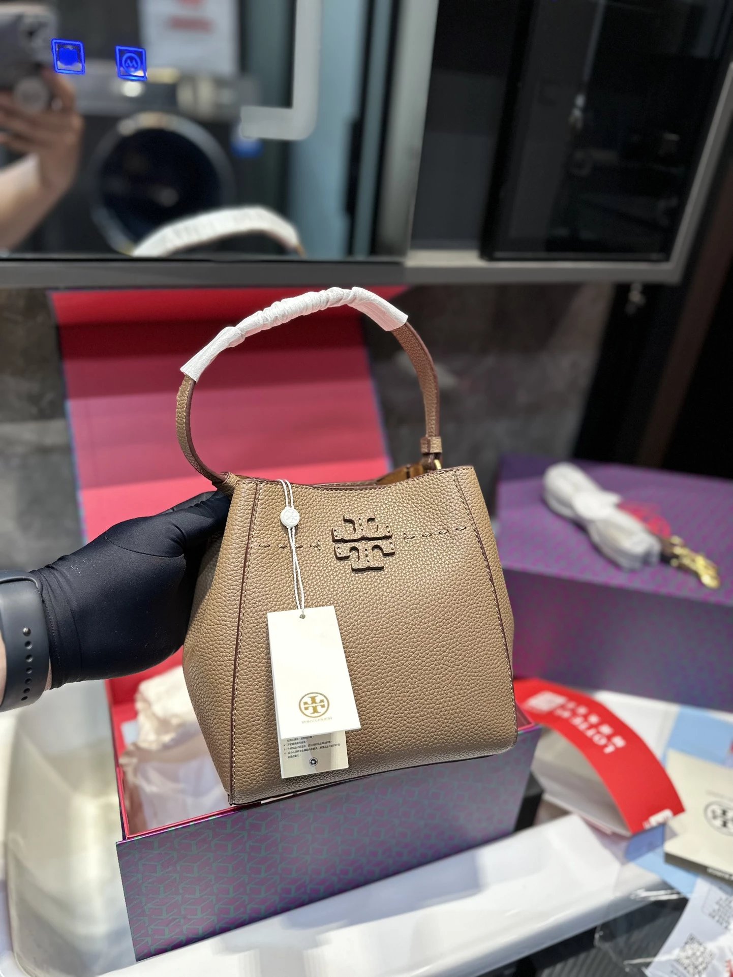 Tory Burch Miller Bucket Bag Beige Monogram Canvas with Brown Leather Trim Handbags - 12