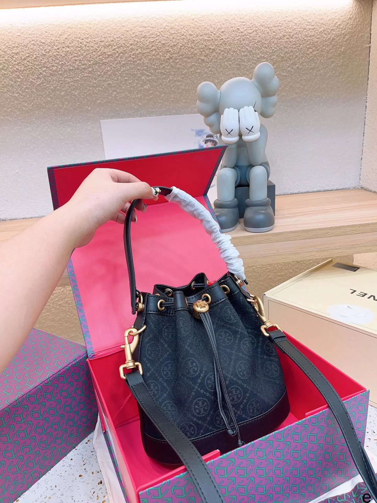 Tory Burch Miller Bucket Bag Beige Monogram Canvas with Brown Leather Trim Handbags - 2