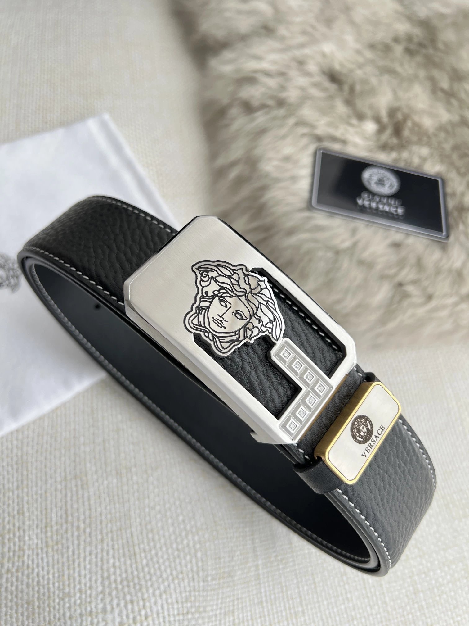 Versace Medusa Head Leather Belt Black and Silver - 3
