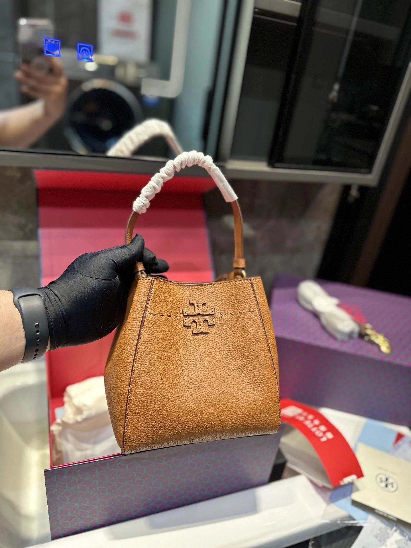 Tory Burch Miller Bucket Bag Beige Monogram Canvas with Brown Leather Trim Handbags - 10