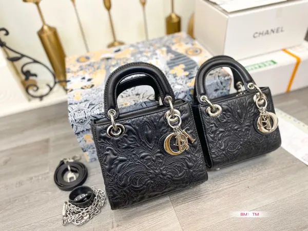 Dior Lady Dior Mini Embossed Black Leather Handbag - 1