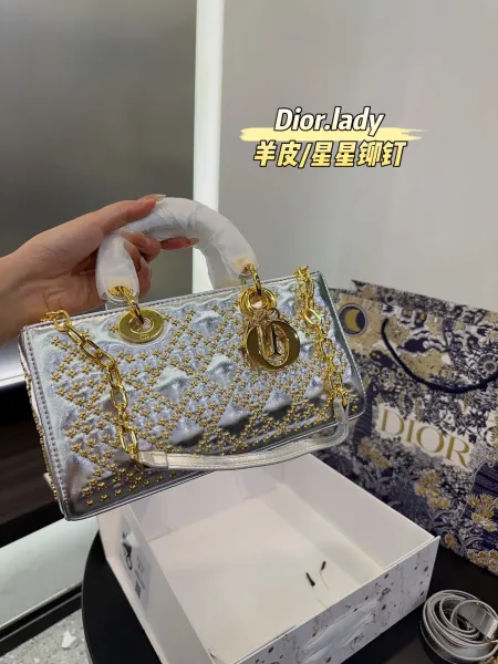 Dior Lady Gold Lamé Star Stud Handbag - 7