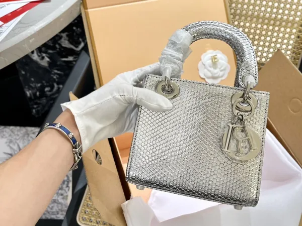 Dior Lady Dior Mini Silver Croc-Embossed Metallic Leather Handbag - 13