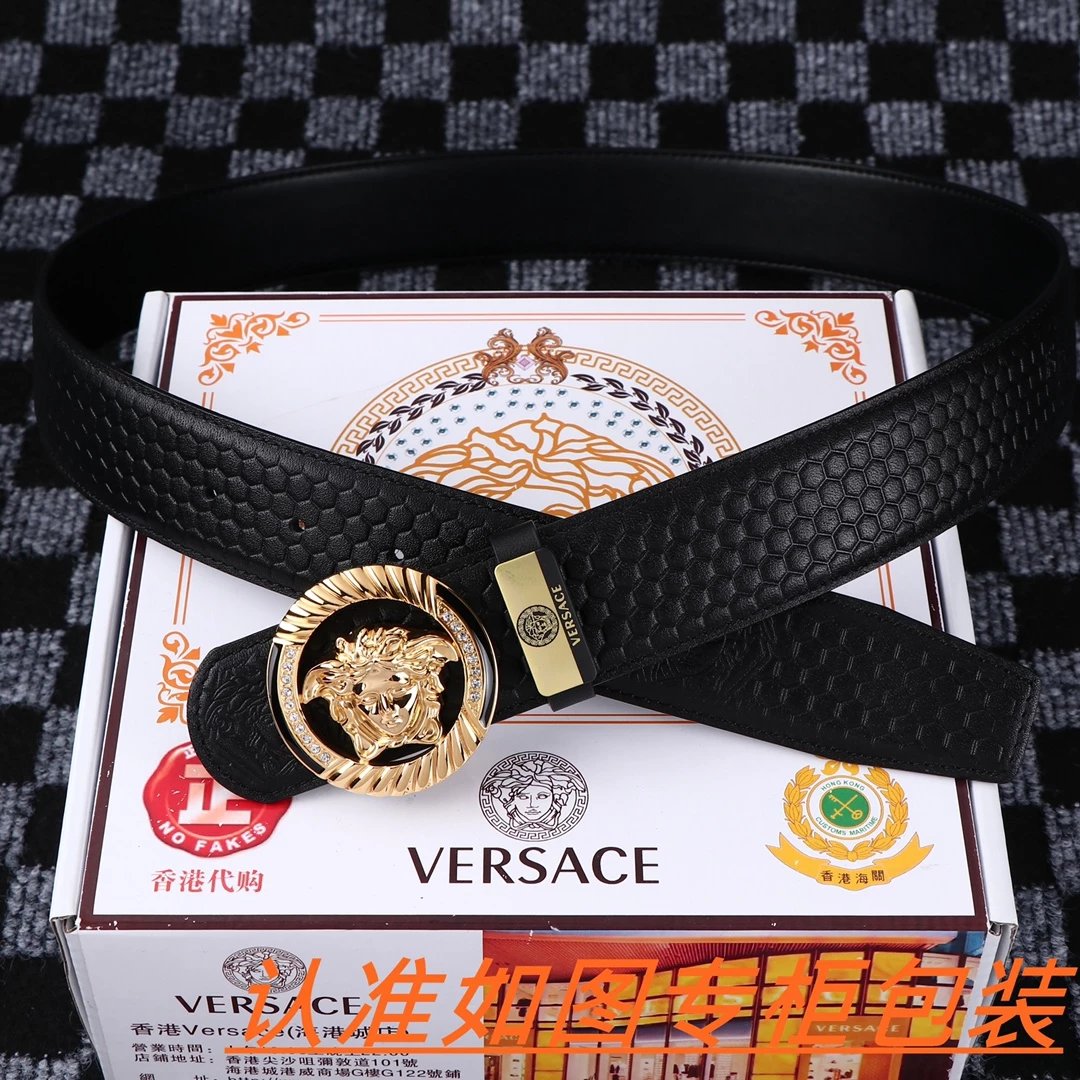 Versace Medusa VS Logo Perforated Leather Belt Gray / Red - 9