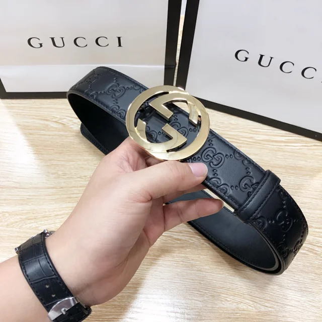 Gucci Belts Embossed GG leather belt with Double G buckle product detail image 6