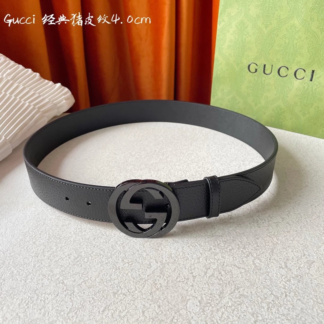 Gucci Interlocking G Belt Black Leather with Crystal-Embellished Buckle - 15
