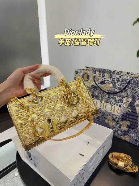 Dior Lady Gold Lamé Star Stud Handbag - 6