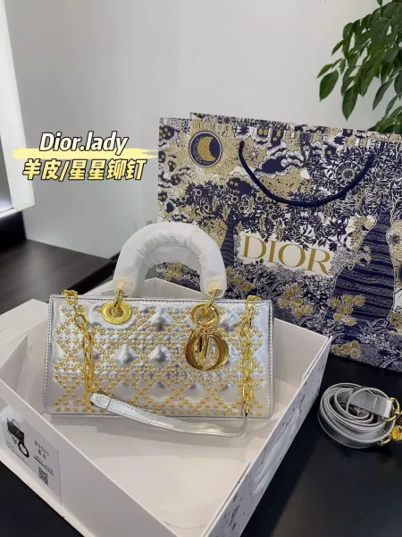 Dior Lady Gold Lamé Star Stud Handbag - 9