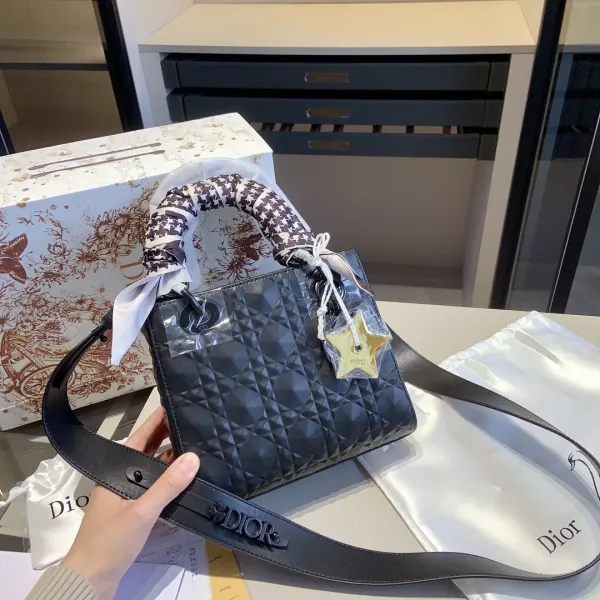 Dior Lady Dior Mini Black Quilted Leather Handbag with Oblique Scarf Handle - 1