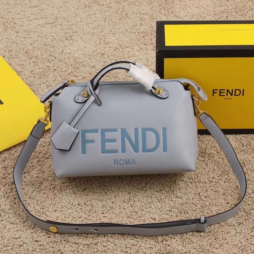 Fendi Boston Bag Black Leather with Beige Webbing Strap Handbag - 2