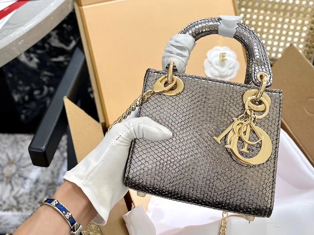Dior Lady Dior Mini Silver Croc-Embossed Metallic Leather Handbag - 10
