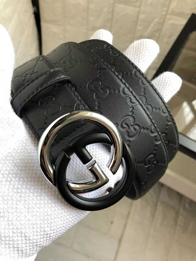 Gucci Belts Embossed GG leather belt with Double G buckle product detail image 3