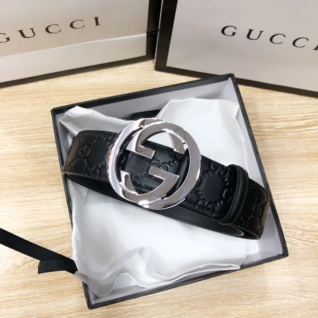 Gucci Belts Embossed GG leather belt with Double G buckle product detail image 5