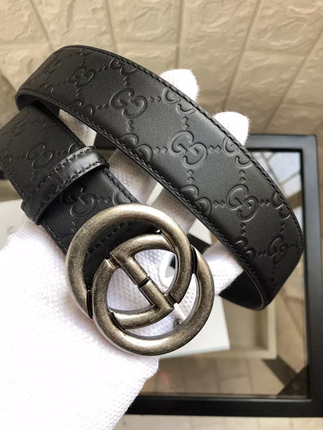 Gucci Belts Embossed GG leather belt with Double G buckle product detail image 4