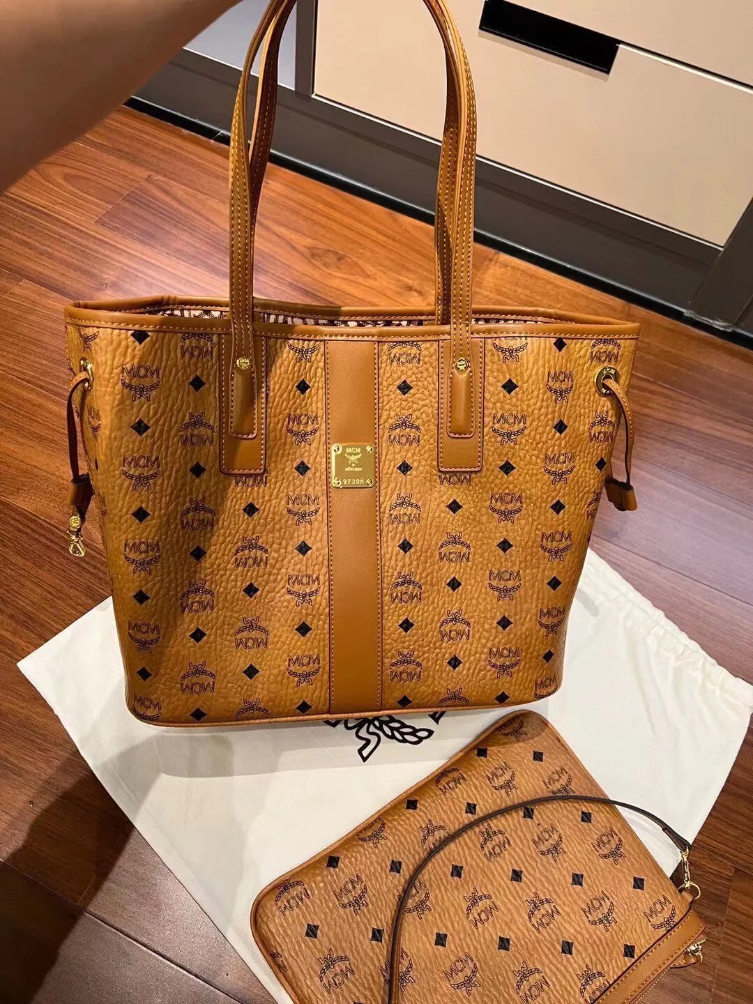 MCM Visetos Mini Tote Bag and Pouch Set Beige Leather Handbags - 2